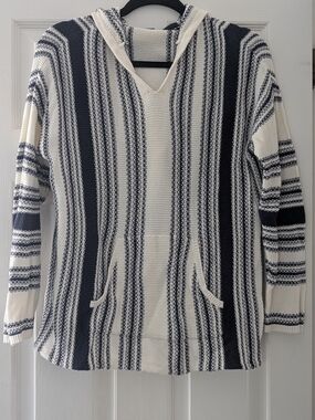 Chaps Navy & Cream Striped V-Neck Hoodie Sweater